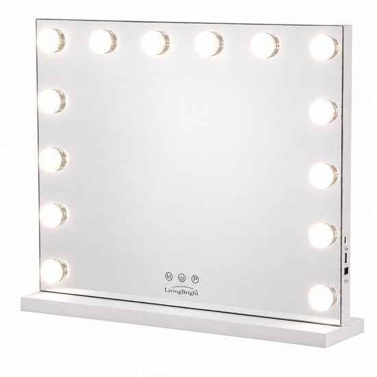 Livingbright - Make Up Spiegel - Hollywood Spiegel met Verlichting 50X40CM - 3 Lichtkleuren - Dimbaar - USB Oplader - Wit - afbeelding 10