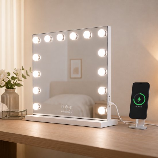 Livingbright - Make Up Spiegel - Hollywood Spiegel met Verlichting 50X40CM - 3 Lichtkleuren - Dimbaar - USB Oplader - Wit - afbeelding 12