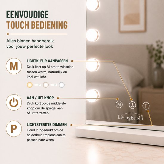 Livingbright - Make Up Spiegel - Hollywood Spiegel met Verlichting 50X40CM - 3 Lichtkleuren - Dimbaar - USB Oplader - Wit - afbeelding 13