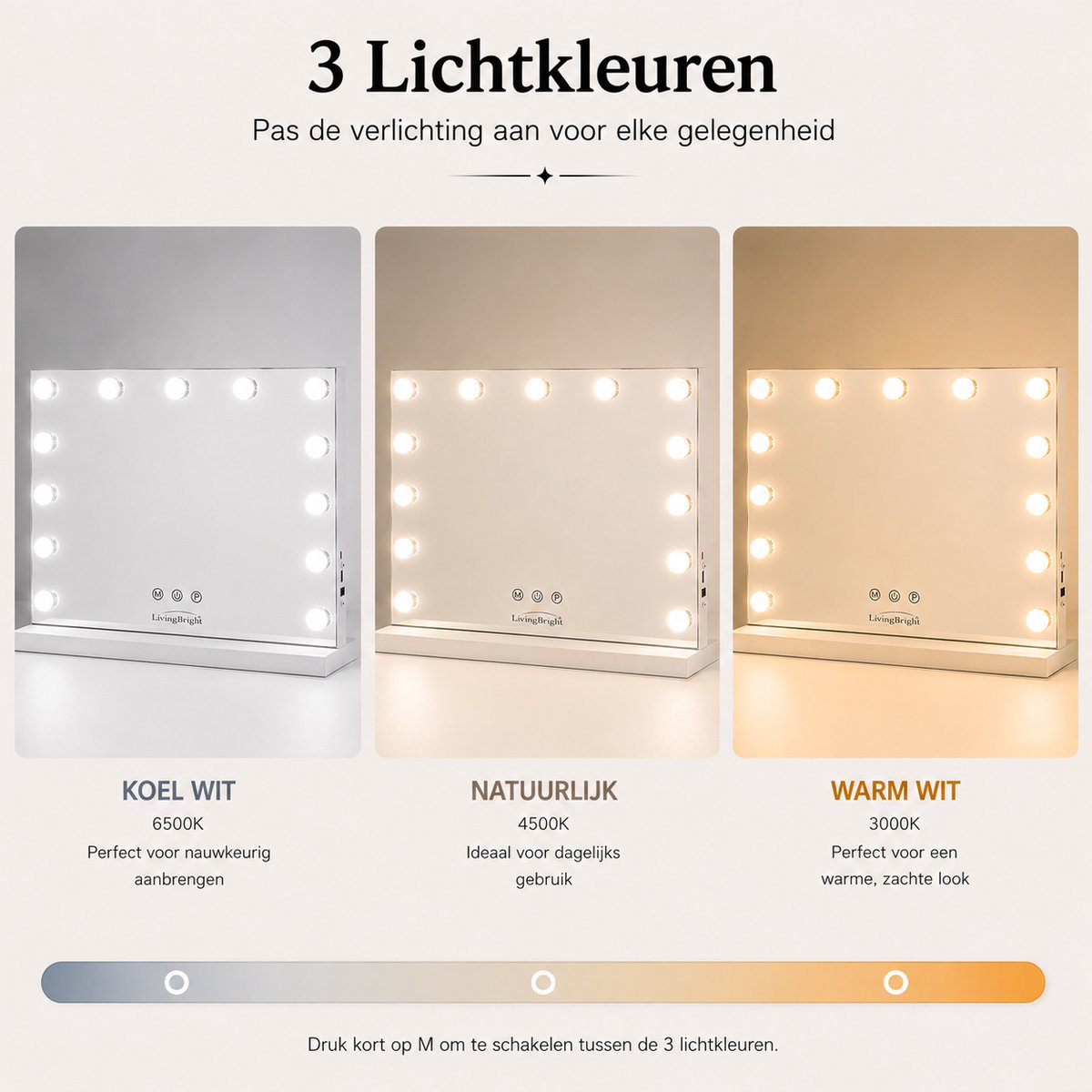 Livingbright - Make Up Spiegel - Hollywood Spiegel met Verlichting 50X40CM - 3 Lichtkleuren - Dimbaar - USB Oplader - Wit - afbeelding 14