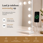 Livingbright - Make Up Spiegel - Hollywood Spiegel met Verlichting 50X40CM - 3 Lichtkleuren - Dimbaar - USB Oplader - Wit - afbeelding 3