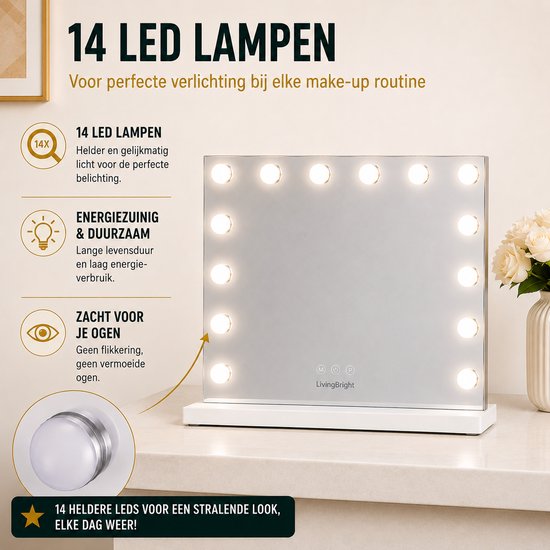 Livingbright - Make Up Spiegel - Hollywood Spiegel met Verlichting 50X40CM - 3 Lichtkleuren - Dimbaar - USB Oplader - Wit - afbeelding 4