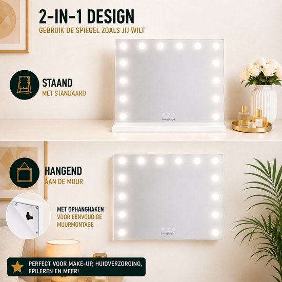 Livingbright - Make Up Spiegel - Hollywood Spiegel met Verlichting 50X40CM - 3 Lichtkleuren - Dimbaar - USB Oplader - Wit - afbeelding 6