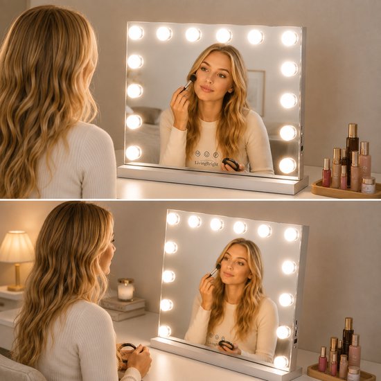 Livingbright - Make Up Spiegel - Hollywood Spiegel met Verlichting 50X40CM - 3 Lichtkleuren - Dimbaar - USB Oplader - Wit - afbeelding 7