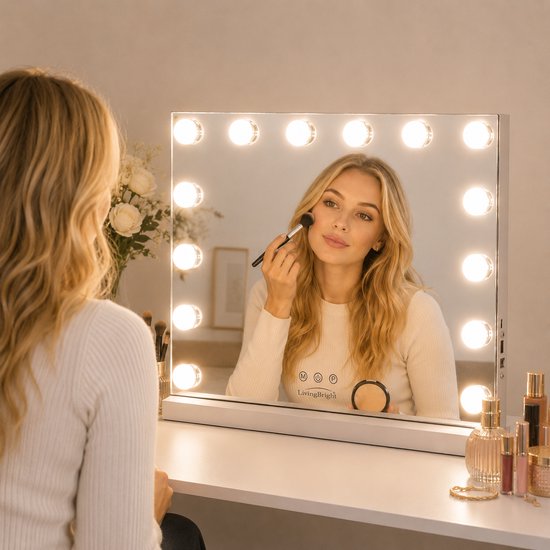 Livingbright - Make Up Spiegel - Hollywood Spiegel met Verlichting 50X40CM - 3 Lichtkleuren - Dimbaar - USB Oplader - Wit - afbeelding 8