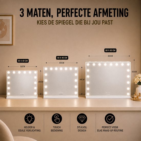 Livingbright - Make Up Spiegel - Hollywood Spiegel met Verlichting 50X40CM - 3 Lichtkleuren - Dimbaar - USB Oplader - Wit - afbeelding 9